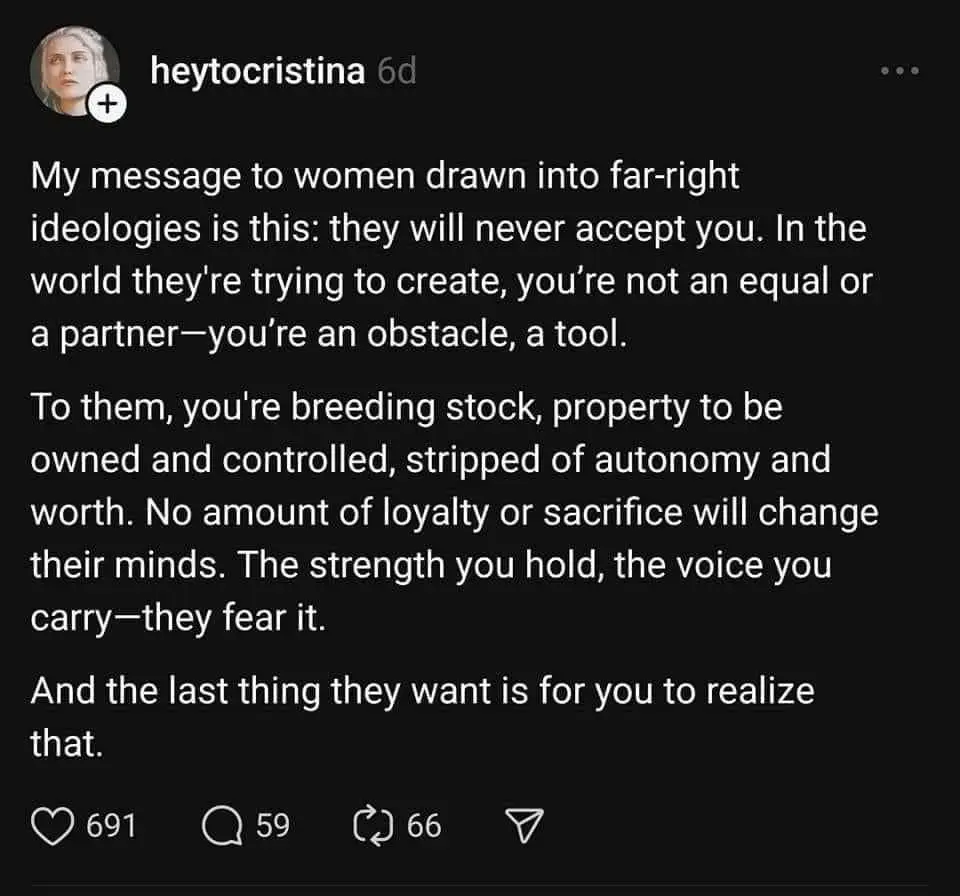 A screenshot of a social media post by 'heytocristina' with white text on a black background. The text is a message to women…