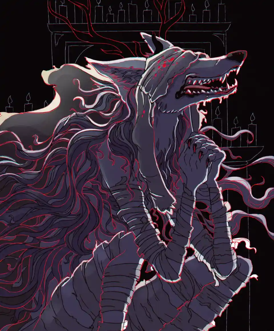 A stylized illustration shows a large, snarling, dark-furred canine creature with long, flowing hair and clawed hands…