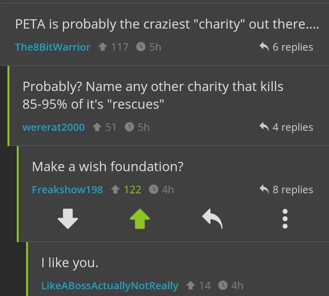 A screenshot of a Reddit thread where a user calls PETA the craziest charity, prompting another user to challenge them to…
