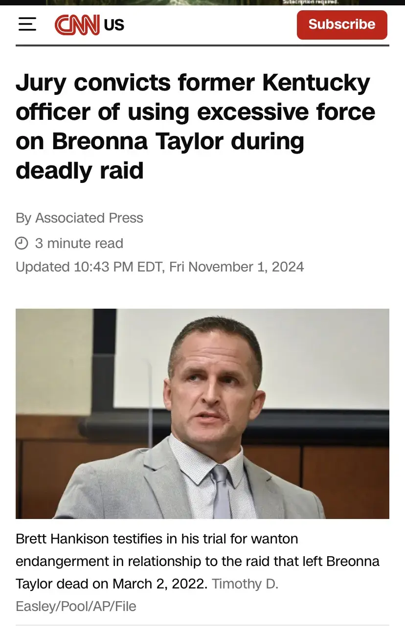 A screenshot of a CNN news article from November 1, 2024, showing a photo of Brett Hankison in a courtroom. The headline…