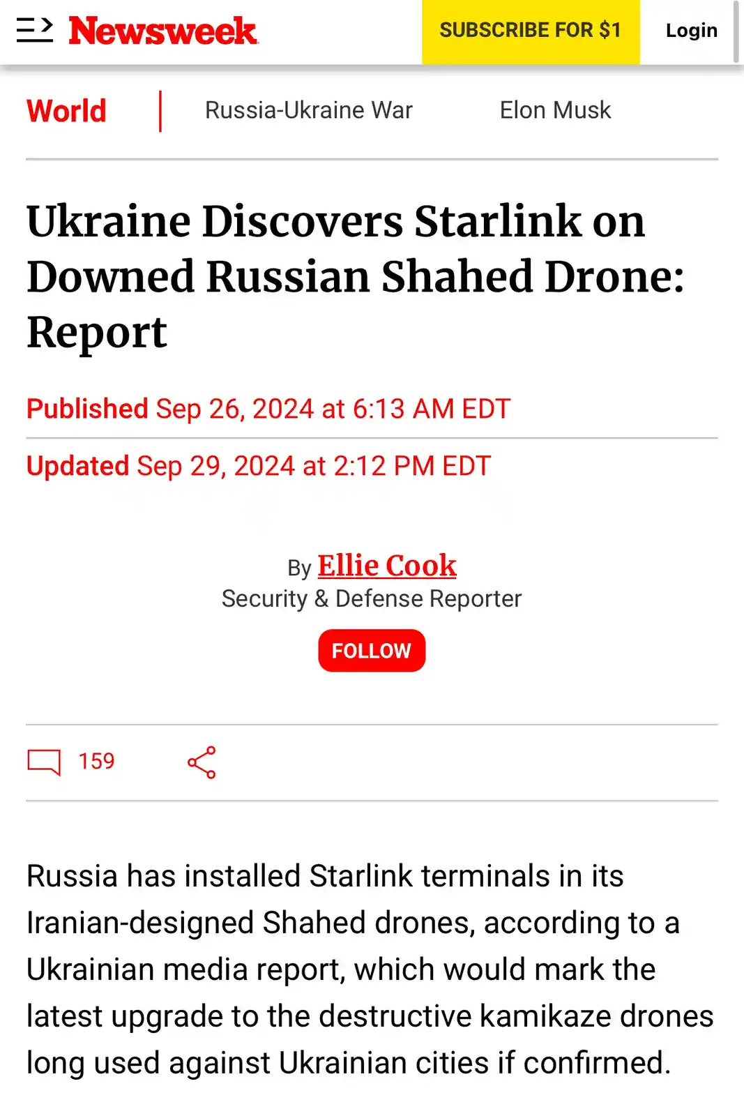 A screenshot of a Newsweek article titled 'Ukraine Discovers Starlink on Downed Russian Shahed Drone: Report,' published on…