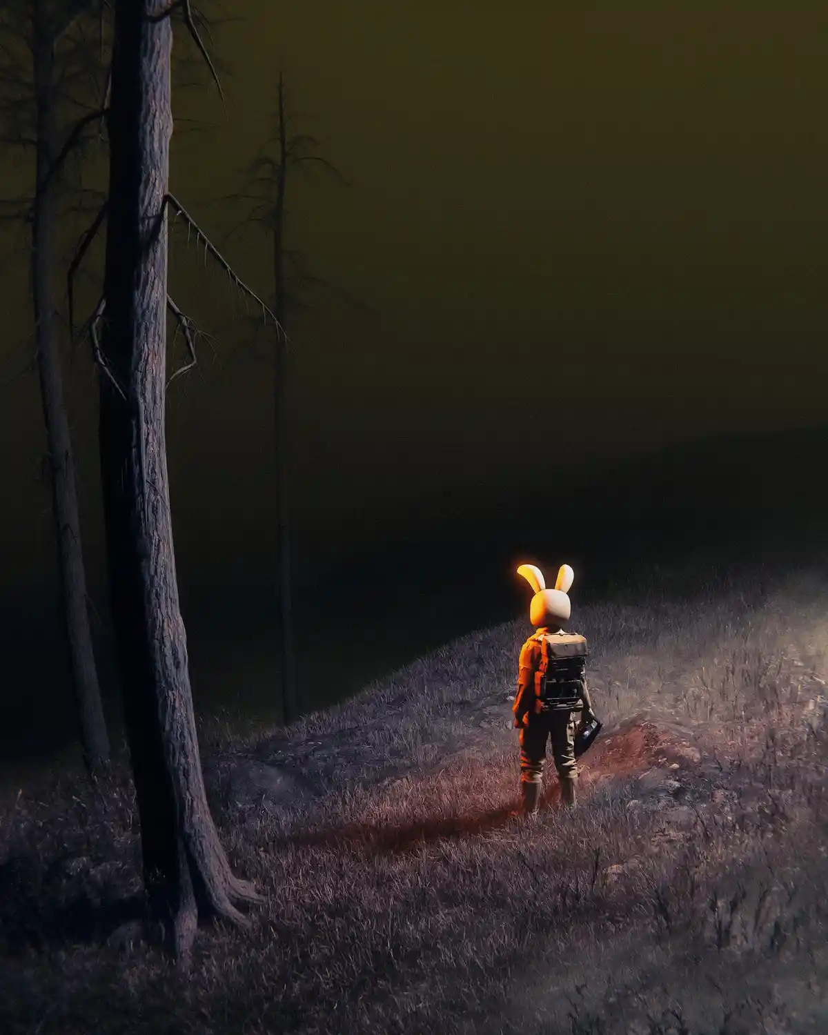 A person wearing a glowing bunny mask and tactical gear stands alone in a dark, eerie forest at night, illuminated by a…