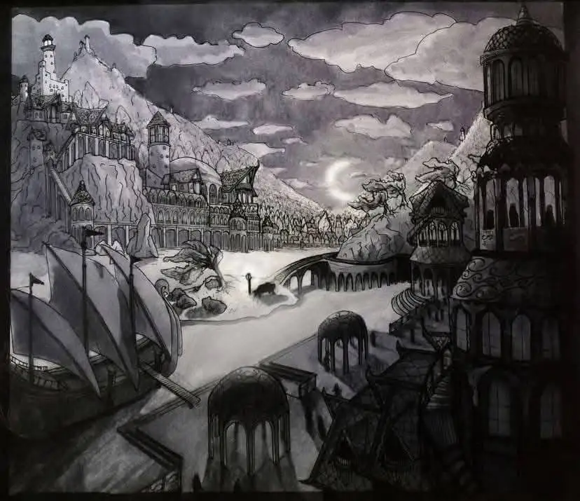 A detailed black-and-white fantasy illustration depicts a sprawling, gothic-style coastal city with towering buildings…