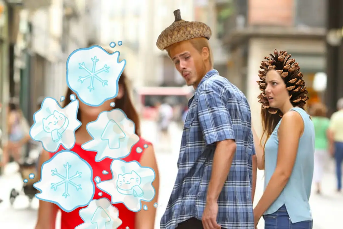 A man wearing an acorn on his head looks away from a woman in a red dress with snowflake and cat icons floating around her…