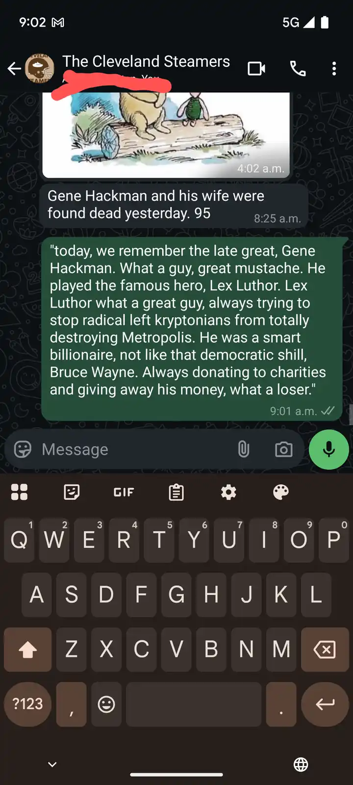 A screenshot of a dark-themed messaging app conversation shows a user sending a message that falsely praises Gene Hackman as…