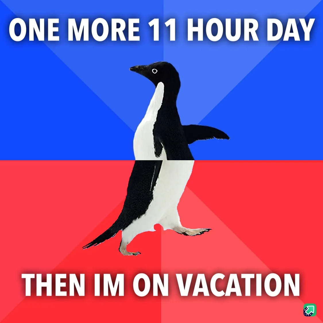A penguin stands centered against a split blue and red background, with bold white text at the top reading 'ONE MORE 11 HOUR…