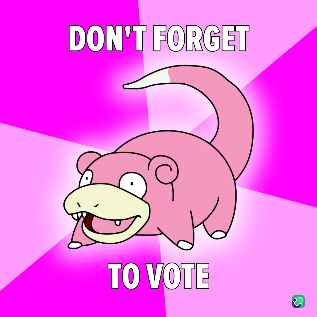 A pink cartoon Pokémon named Slowpoke with a long tail and a goofy grin is centered on a bright pink and magenta background…
