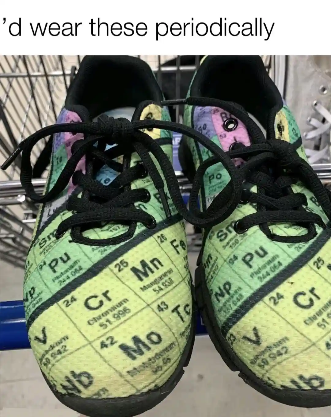 A close-up photo of a pair of sneakers with a colorful periodic table design printed on the fabric, featuring element…
