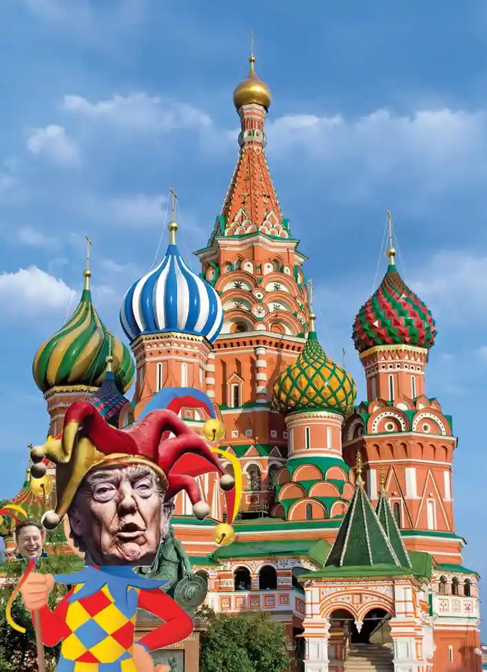 The image shows a digitally altered photo of St. Basil's Cathedral in Moscow, with a large, cartoonish jester figure…