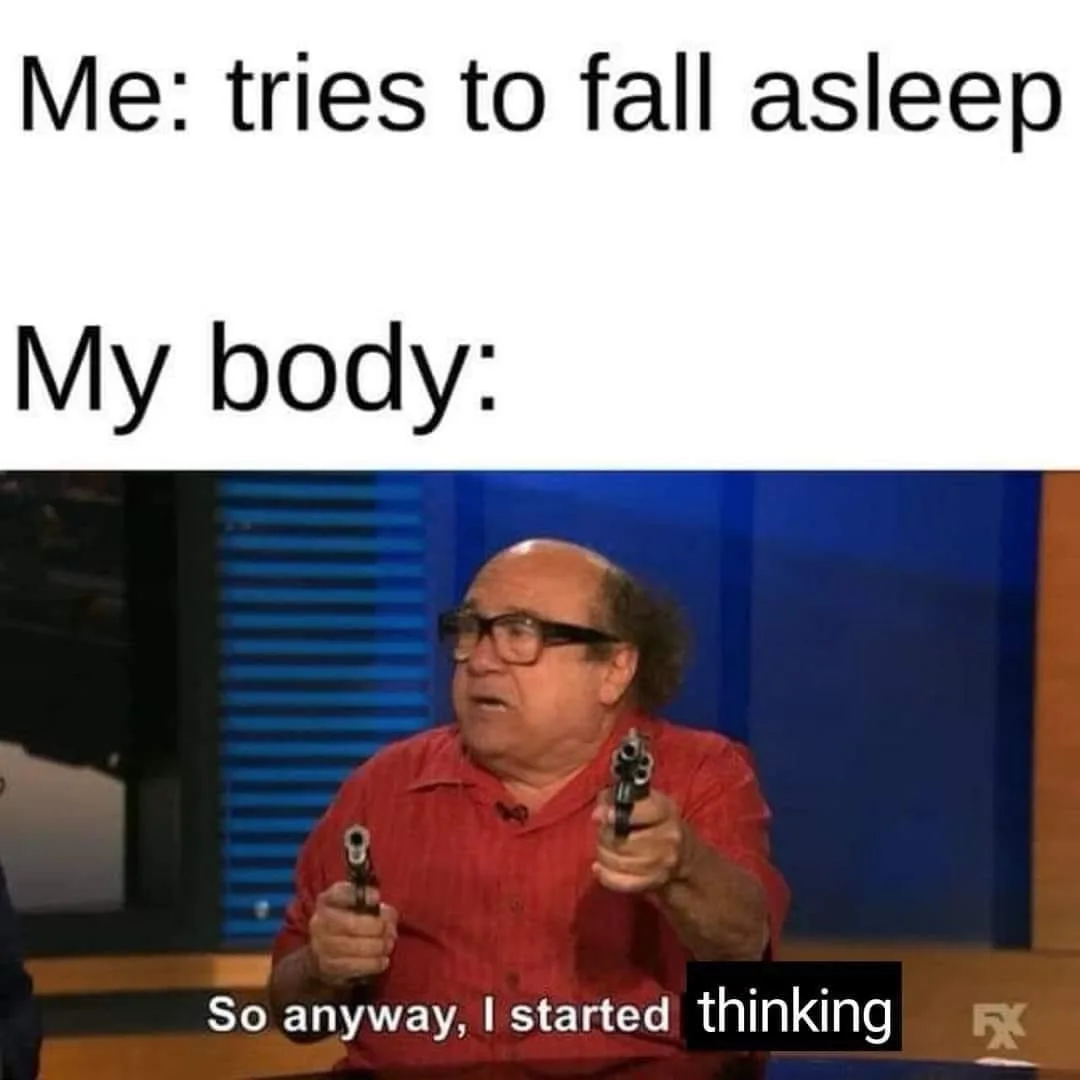A man in a red shirt and glasses holds two handguns, looking alarmed, with text above reading 'Me: tries to fall asleep' and…