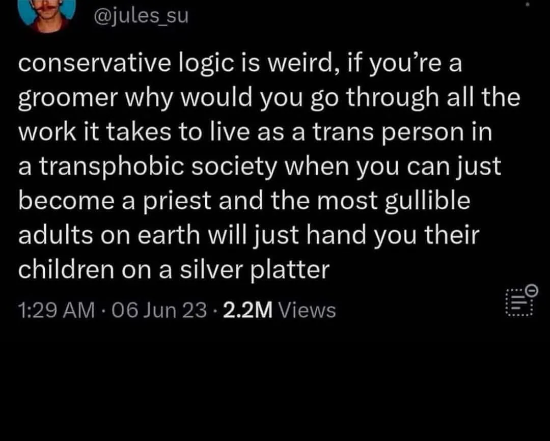 The image is a screenshot of a social media post with white text on a black background. The text is a satirical commentary…