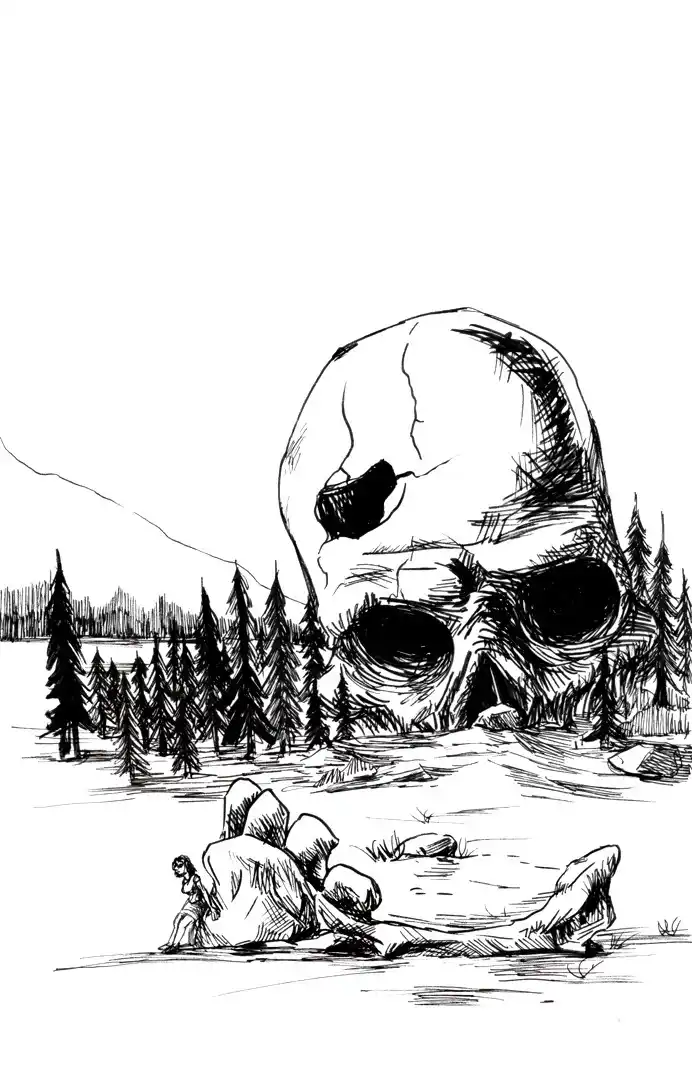 A black-and-white sketch depicts a tiny human figure sitting on a rock near water, facing a massive, looming skull emerging…