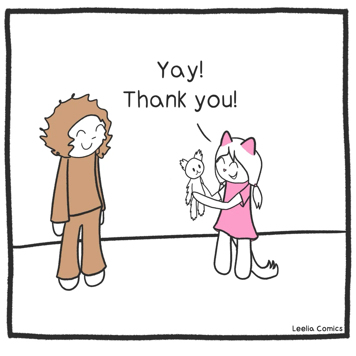 A simple cartoon depicts a girl with cat ears and a tail in a pink dress happily holding up a small, smiling bird-like…