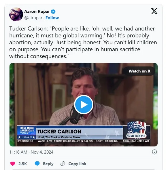 A screenshot of a tweet by Aaron Rupar showing a video clip of Tucker Carlson on 'The Tucker Carlson Show' with a play…