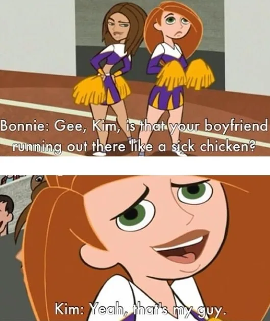 Two animated cheerleaders in purple and yellow uniforms stand side by side looking annoyed. The top panel shows Bonnie…