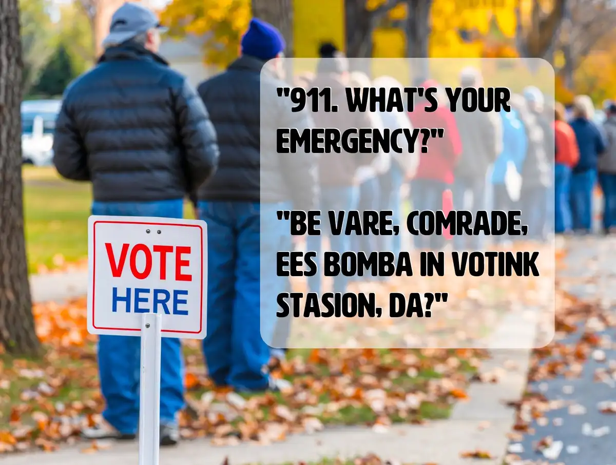 A photo of people standing in a line outdoors during autumn, with fallen leaves on the ground. A "VOTE HERE" sign is visible…