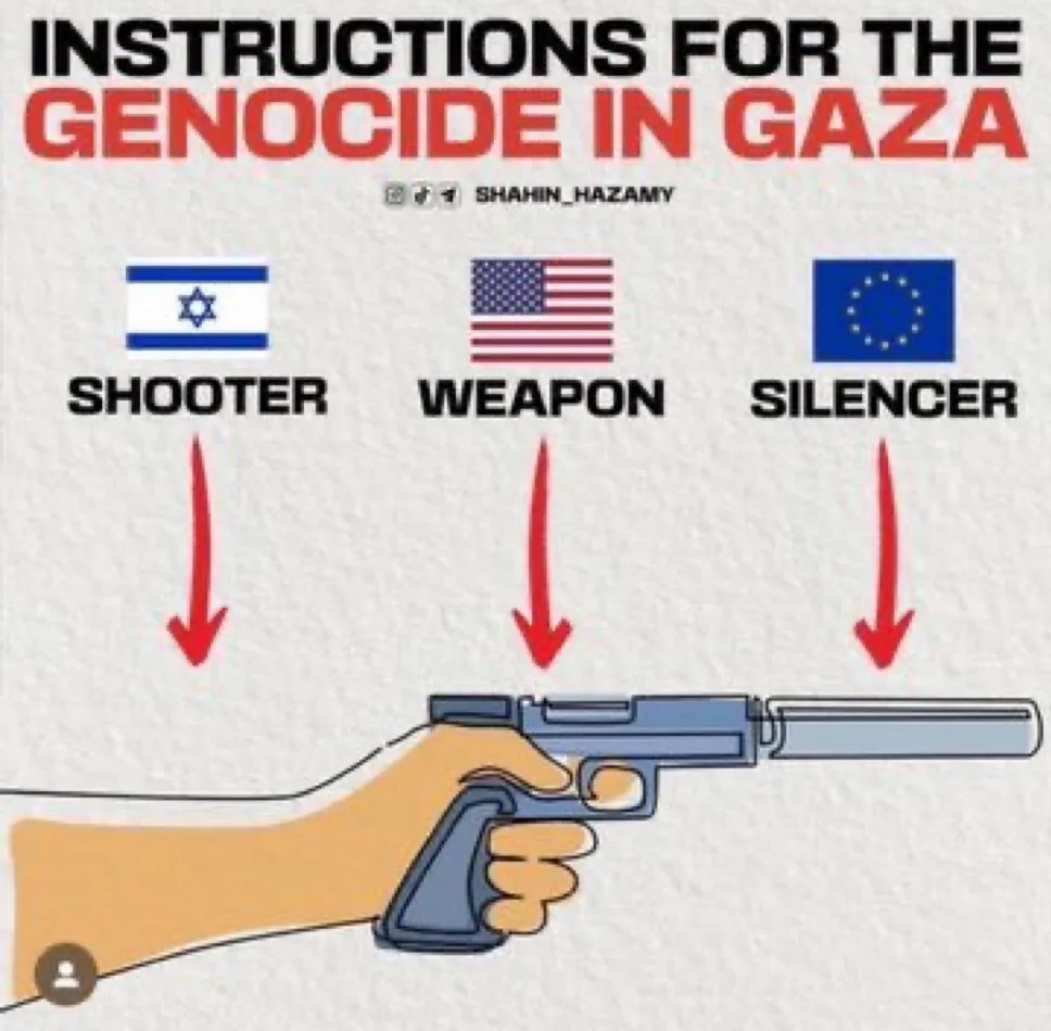 An illustrated image shows a hand holding a handgun with a silencer. Above the gun, three flags are labeled: the Israeli…