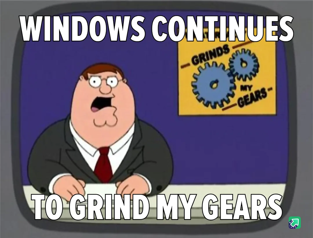 The image shows Peter Griffin from Family Guy, looking shocked and frustrated while sitting at a desk. Behind him, a yellow…