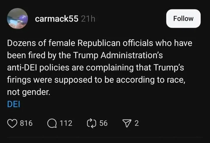 A screenshot of a social media post from user 'carmack55' on a dark-themed platform, showing a text post with white text on…
