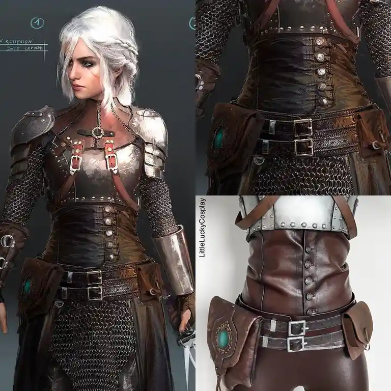 The image displays a side-by-side comparison: on the left, a digital concept art of a female warrior with white hair in…