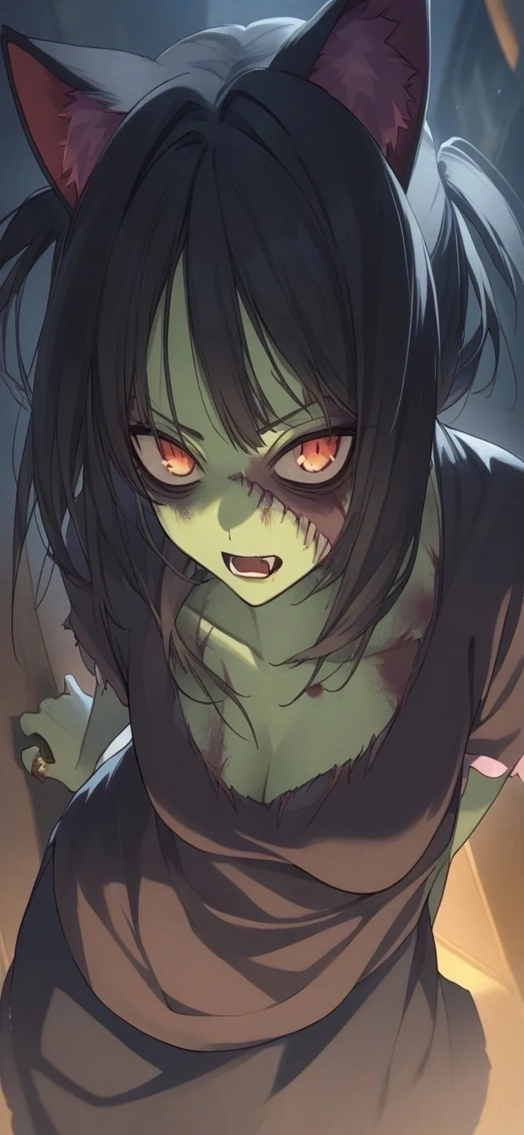 An anime-style illustration of a female character with greenish skin, cat ears, and a torn shirt, looking menacingly at the…