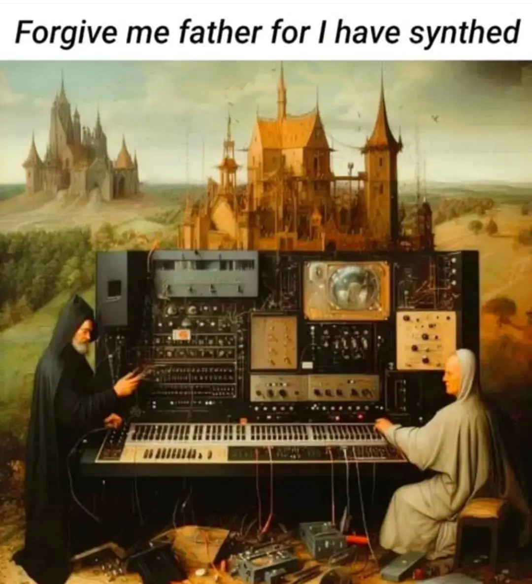 Two monks in robes are seated at a large, complex analog synthesizer with knobs, cables, and a small monitor, set against a…