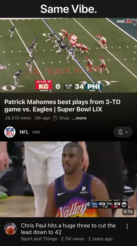 The image shows two stacked YouTube video thumbnails. The top one is a football game clip with the Kansas City Chiefs (KC)…