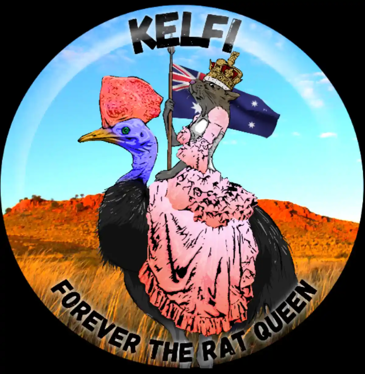 A digitally altered image shows a rat wearing a crown and a pink ruffled dress, seated atop a cassowary bird in an…