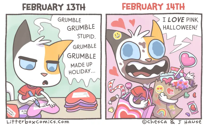 A two-panel comic strip shows a cat on February 13th looking annoyed while writing Valentine's cards, muttering 'GRUMBLE…