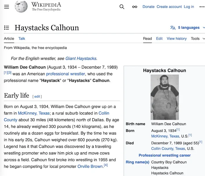 A screenshot of the Wikipedia article for 'Haystacks Calhoun' shows a black-and-white photo of a large man with a beard…