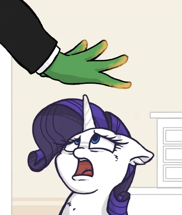 A cartoon cat with purple hair and a unicorn horn looks terrified as a green-gloved hand looms over its head. The cat's…