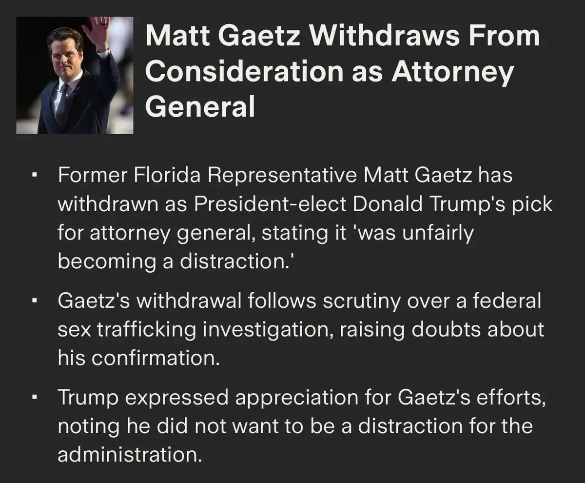 A dark gray news-style graphic shows a photo of Matt Gaetz waving, with large white text announcing his withdrawal from…