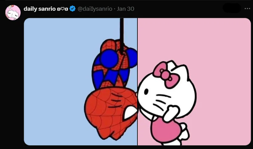 The image shows Spider-Man hanging upside down by a web against a blue background, while Hello Kitty stands on a pink…