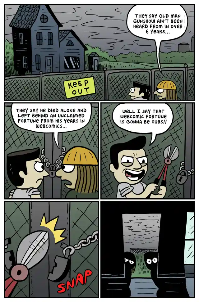 A four-panel comic strip shows two characters discussing a mysterious old man named Gunshow who hasn't been heard from in…