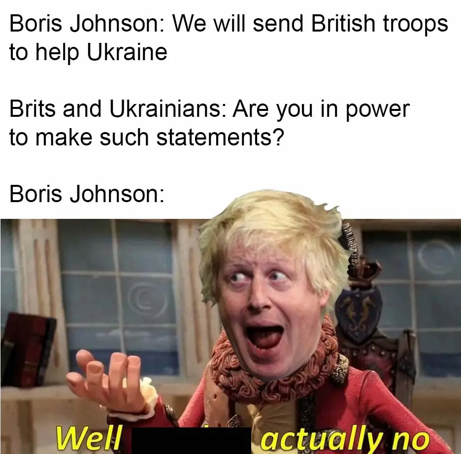 The image shows a digitally altered photo of Boris Johnson with his face superimposed on a character from a historical…