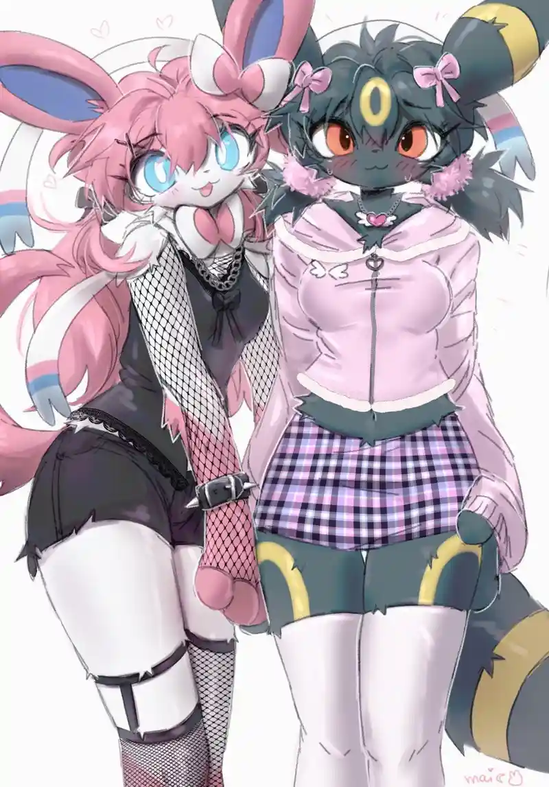 Two anime-style anthropomorphic characters, one pink rabbit-like and one dark-furred cat-like, pose together in cute outfits…