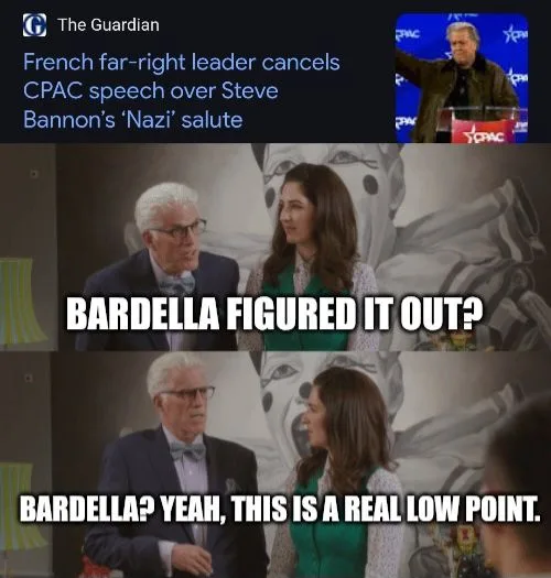 The image is a three-panel meme using a scene from the TV show 'The Good Wife' where a man and woman are having a…
