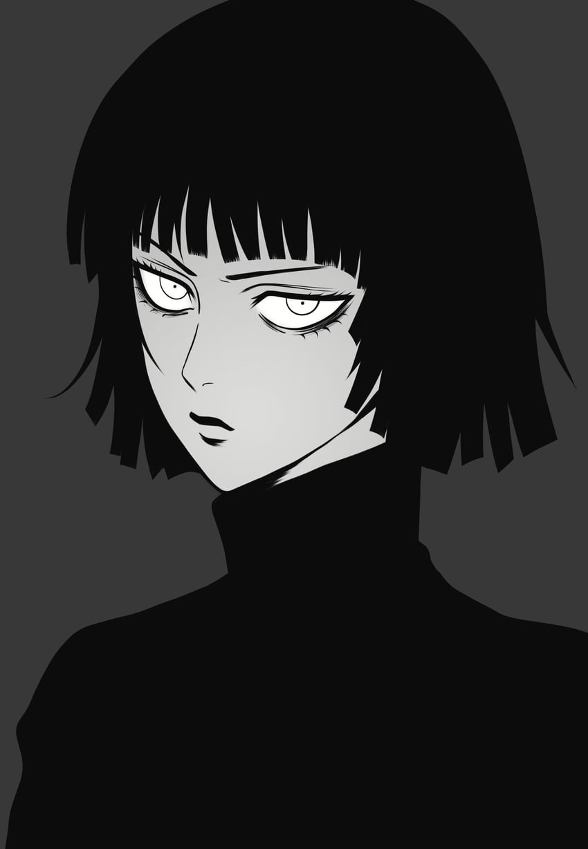 A black-and-white anime-style portrait of a woman with short black hair and a high collar, her eyes narrowed in a stern…
