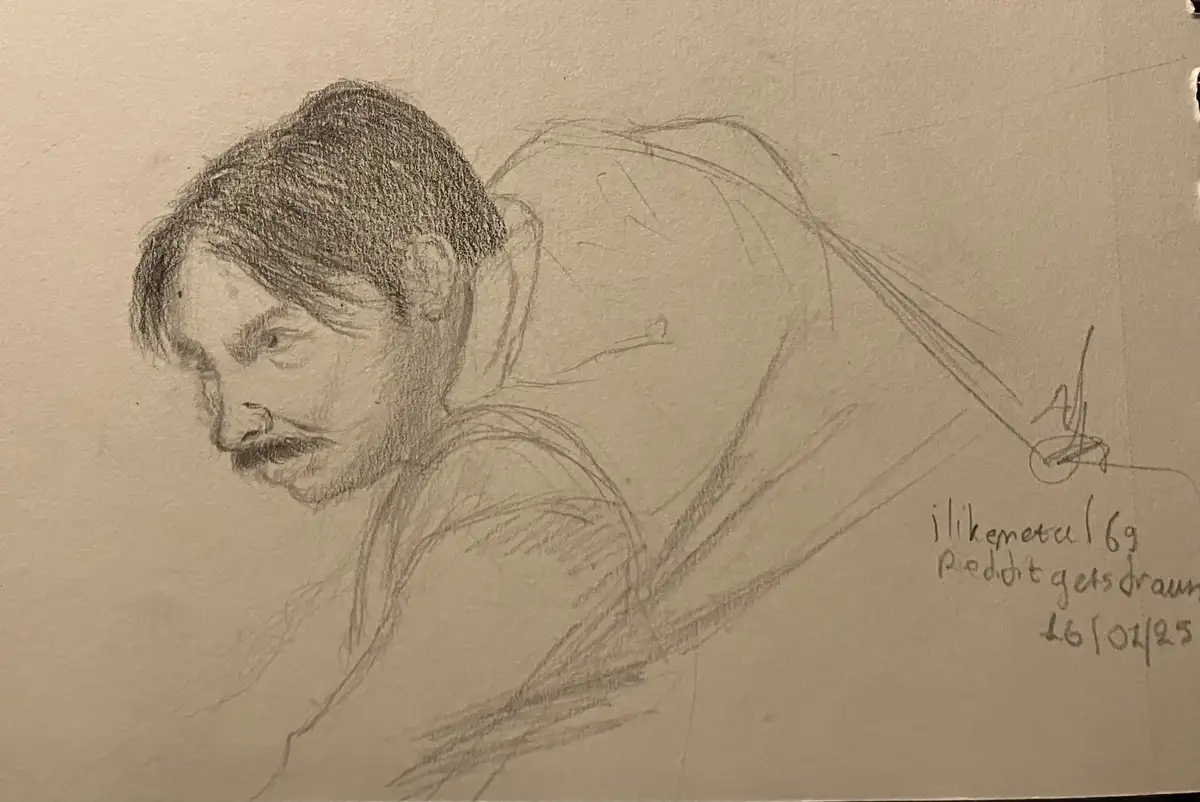 A pencil sketch of a man with a mustache looking down and to the side, drawn on beige paper. The text 'ilikemetal69 Reddit…