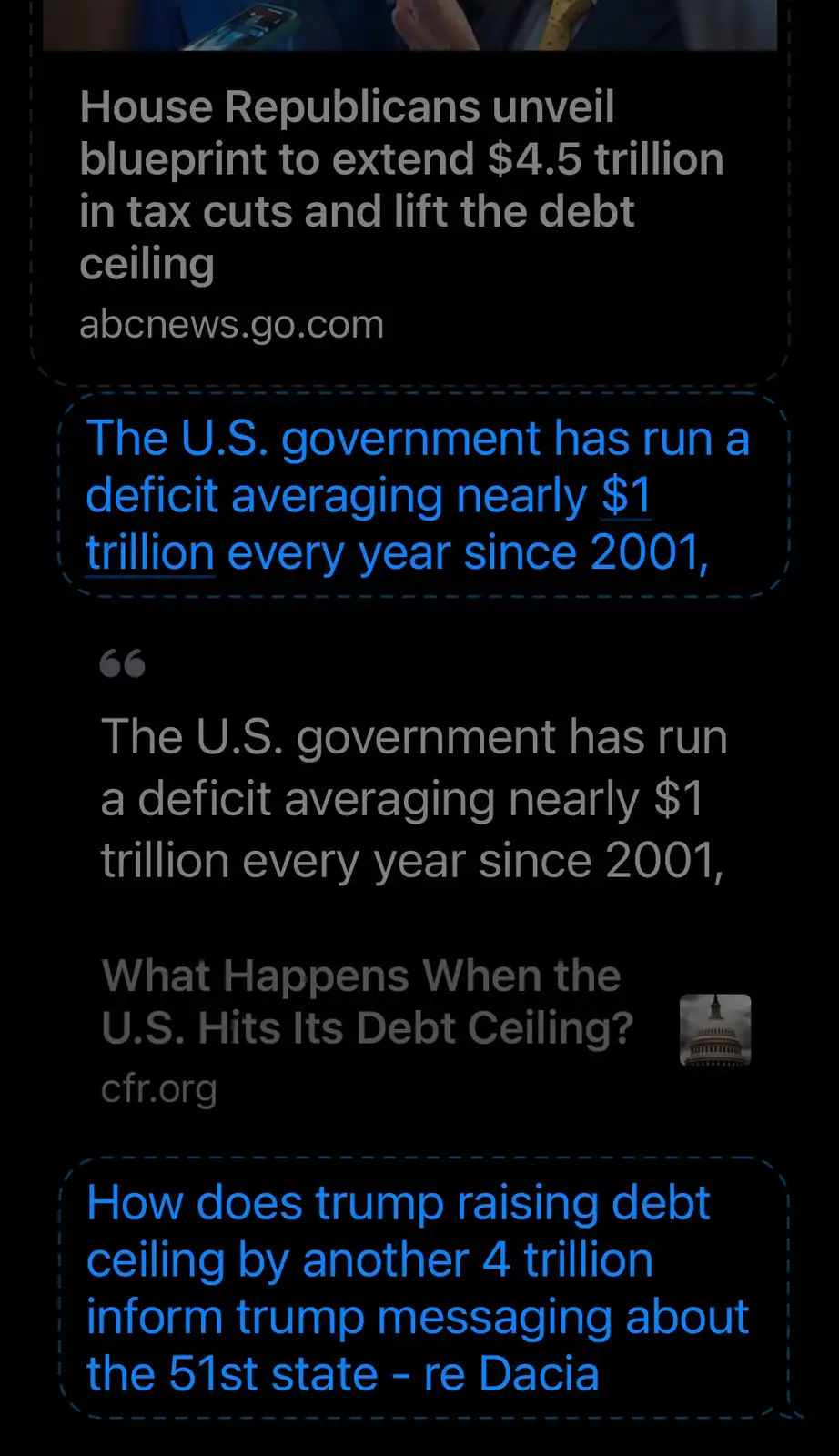 The image displays a screenshot of a social media thread with news headlines about U.S. debt ceiling and tax cuts. One…