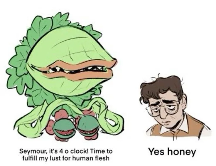 A cartoonish green Venus flytrap with a wide, toothy grin and leafy crown holds two hamburgers in its tentacles. To its…