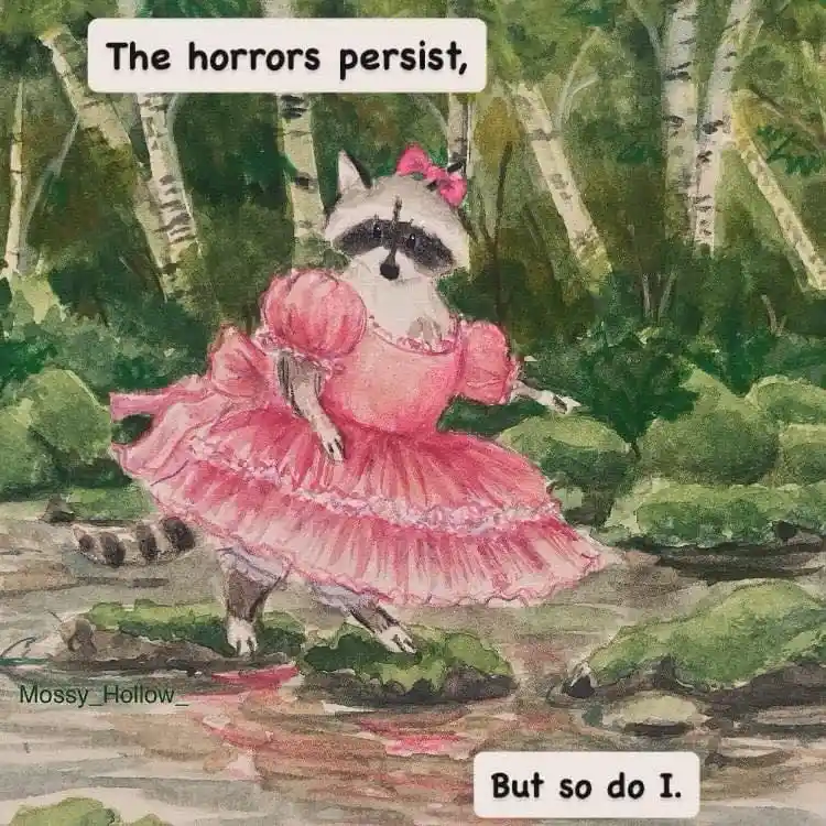 A watercolor painting depicts a raccoon wearing a pink ballet dress with a matching bow, standing on rocks in a stream…
