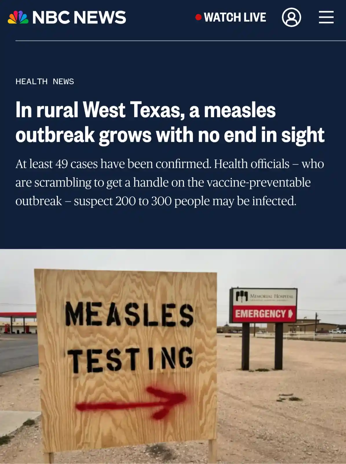 An NBC News article headline about a measles outbreak in rural West Texas is overlaid on a photo of a crude wooden sign that…