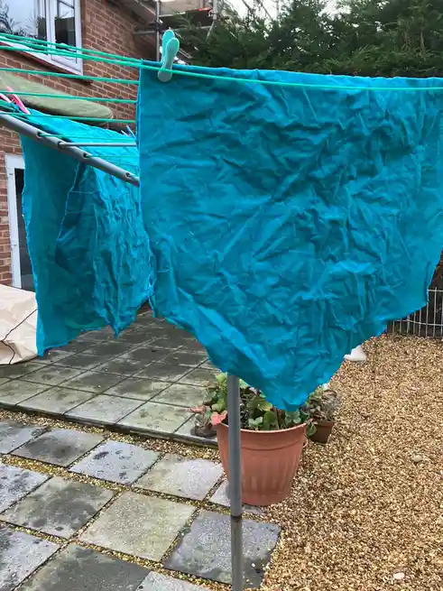 A large, crumpled teal fabric hangs on a green clothesline in a backyard, partially obscuring a potted plant and gravel…