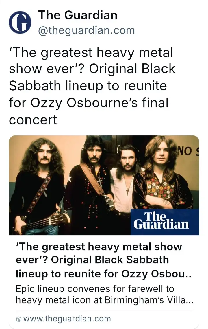 A screenshot of a The Guardian news article featuring a photo of the original Black Sabbath band members standing together…