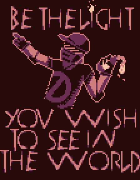 A pixel-art image shows a stylized figure in a cap and hoodie, arms raised with glowing hands, against a dark background…