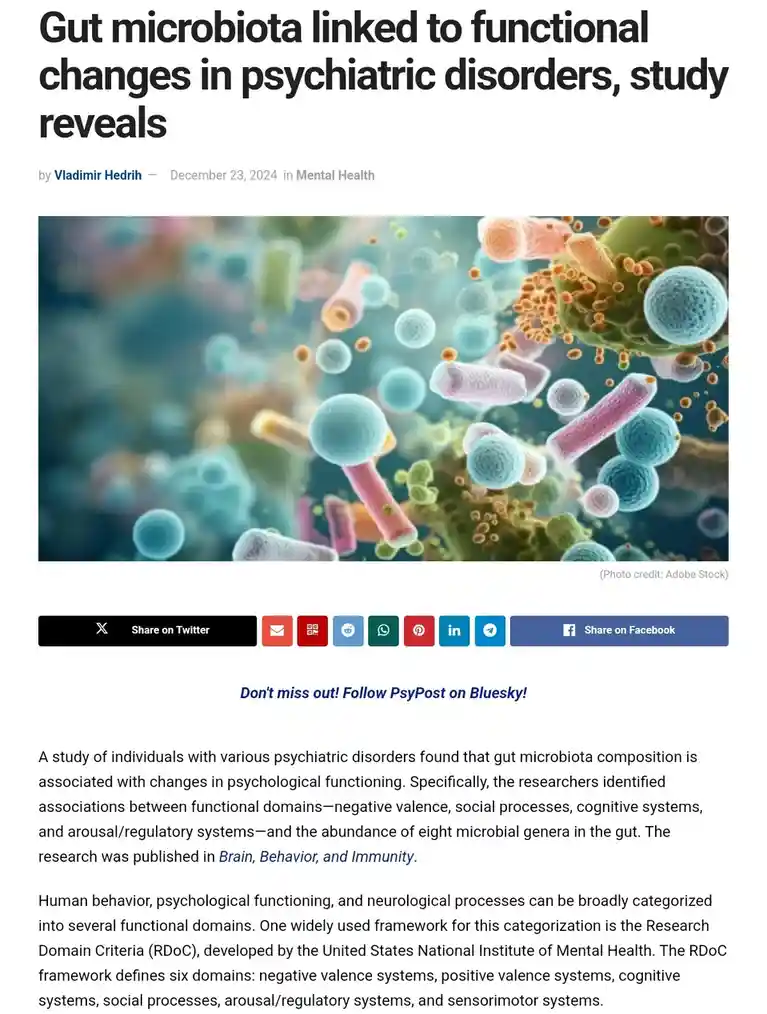 An article screenshot with a colorful, stylized image of gut bacteria and the headline 'Gut microbiota linked to functional…