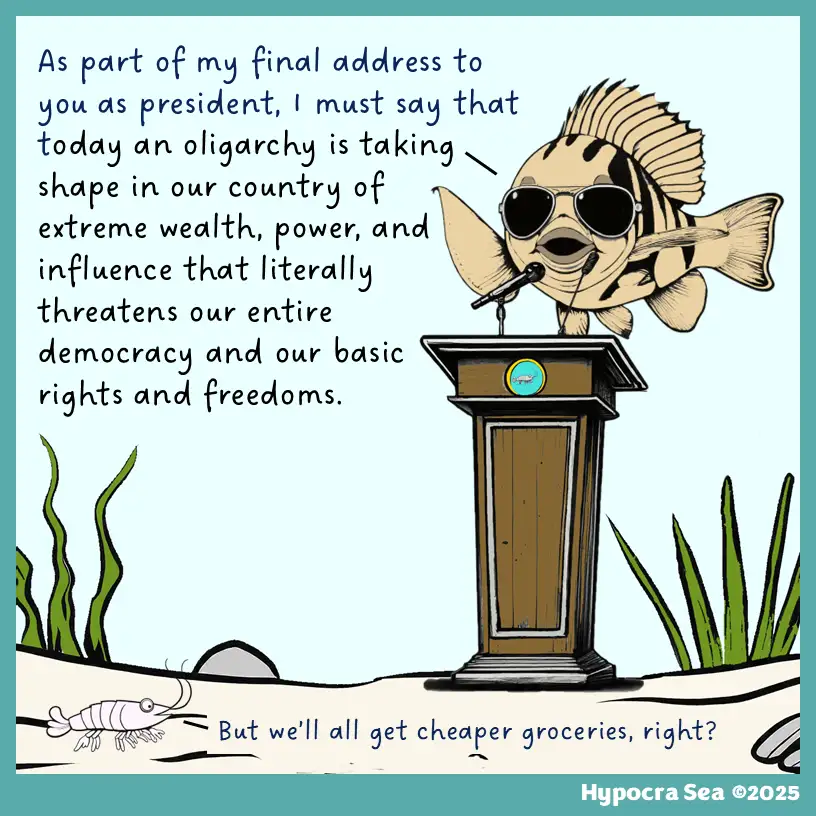 A cartoon fish wearing sunglasses stands at a podium delivering a serious speech about an oligarchy threatening democracy…