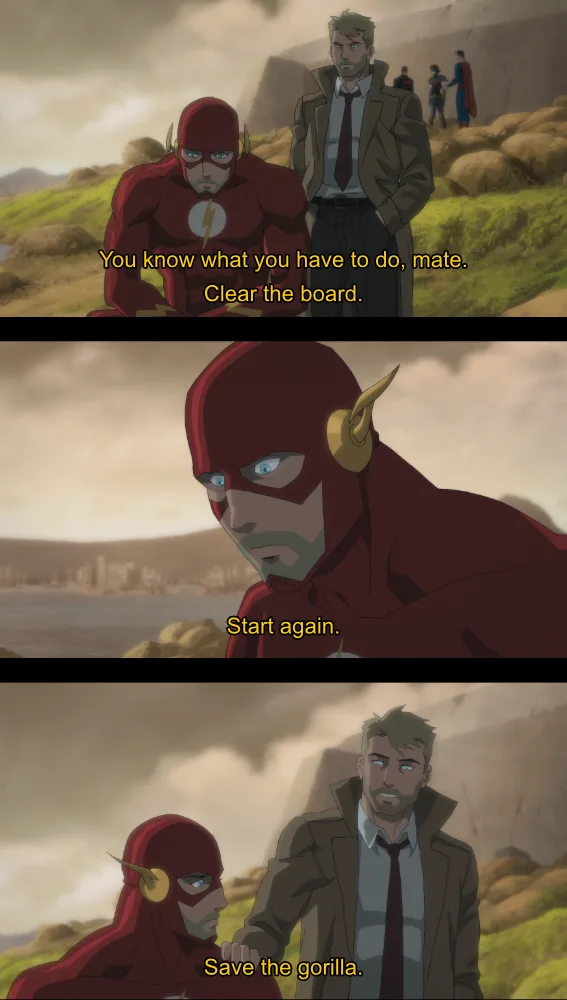 Three panels from an animated scene featuring The Flash and a man in a trench coat. In the first, Flash says 'You know what…