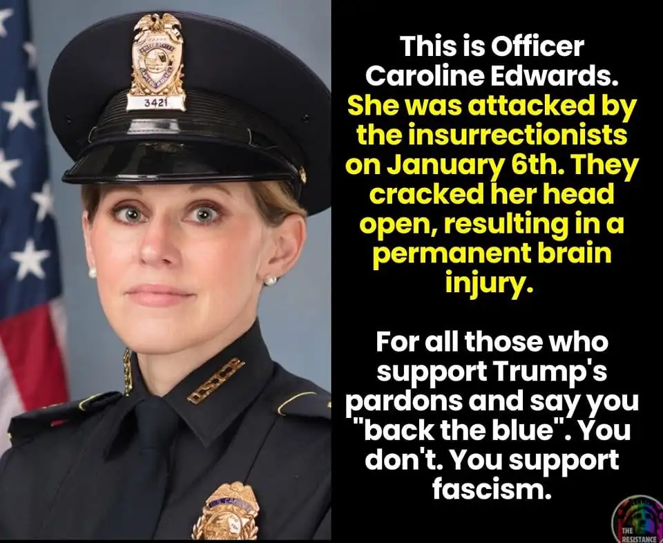 A split-screen image shows a woman in a police uniform with an American flag in the background on the left, and bold yellow…